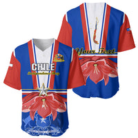 Two views of blue baseball jersey with Chile stripes, crest/star, floral graphic and text