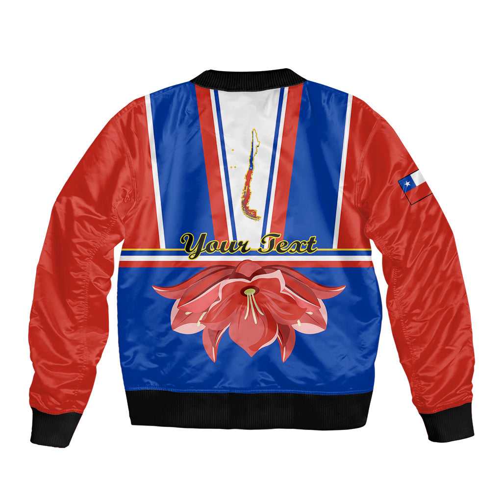 Unisex bomber jacket back view in blue and red with floral crest and text