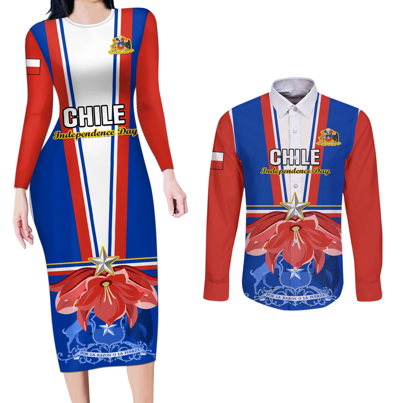 Personalised Chile Independence Day Couples Matching Long Sleeve Bodycon Dress and Long Sleeve Button Shirts Chilean Bellflower - Wonder Print Shop