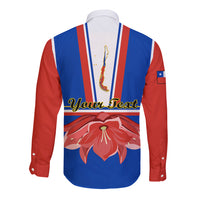 Long-sleeve button shirt back with Chile flag stripes, floral graphic and 'Your Text', red/blue