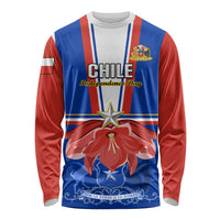 Unisex long-sleeve shirt in blue and red with Chile Independence Day graphic and emblem