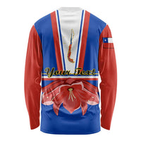 Unisex long-sleeve shirt with blue-red flag stripes, large flower and gold Chile map