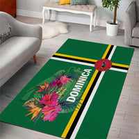 Green area rug with tropical floral print, striped bands, and "DOMINICA" text