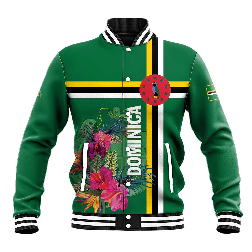 Green baseball jacket with tropical flower graphic and DOMINICA badge