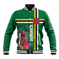 Green baseball jacket with tropical flower graphic and DOMINICA badge