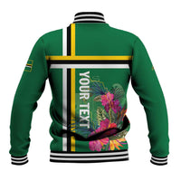 Green baseball jacket with tropical flower back print and striped yoke