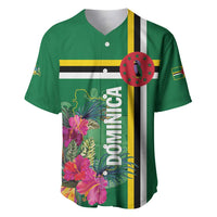 Green baseball jersey with V-neck buttons, tropical floral print and DOMINICA text