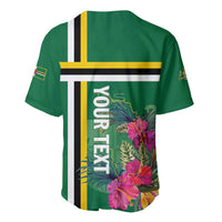 Green Dominica baseball jersey with tropical floral print, yellow/white/black stripes