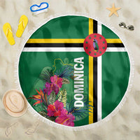 Green round beach blanket with fringed edge, tropical floral print and yellow/black stripes