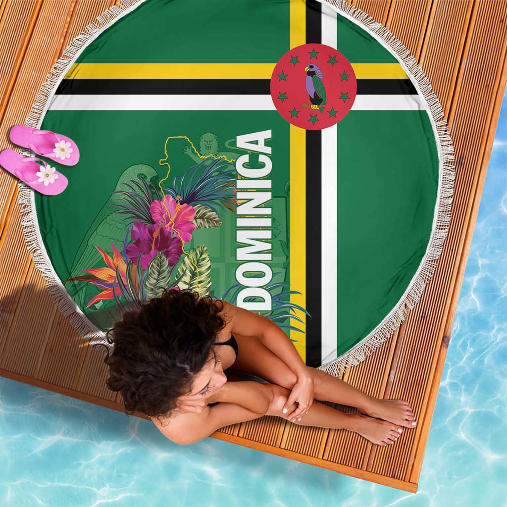 Green round beach blanket with fringed edge, tropical flowers and DOMINICA emblem