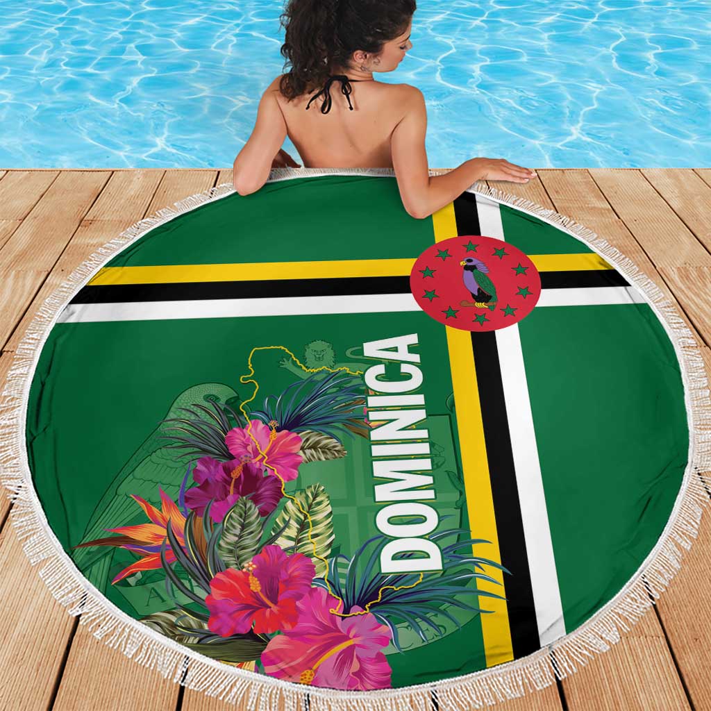 Green round beach blanket with fringed edge, tropical flowers and DOMINICA text