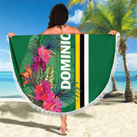 Green round beach blanket with fringed edge, tropical flowers, DOMINICA and flag stripes