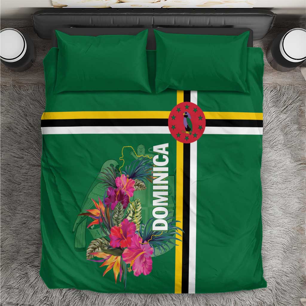 Green bedding set with tropical flower print, Dominica text, and yellow-white-black stripes