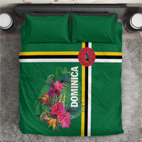 Green bedding set with tropical flower print, Dominica text, and yellow-white-black stripes