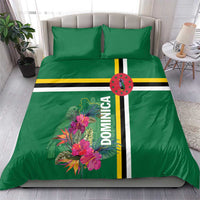 Green bedding set featuring tropical blooms, Dominica lettering, and bold striped band