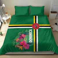 Green bedding set with tropical floral artwork, Dominica vertical text, and striped band