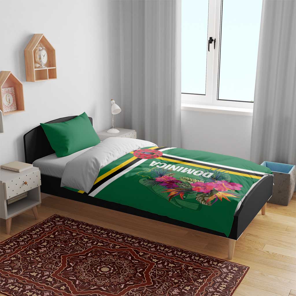 Green duvet and pillow set with tropical bloom graphic, Dominica text, and striped center