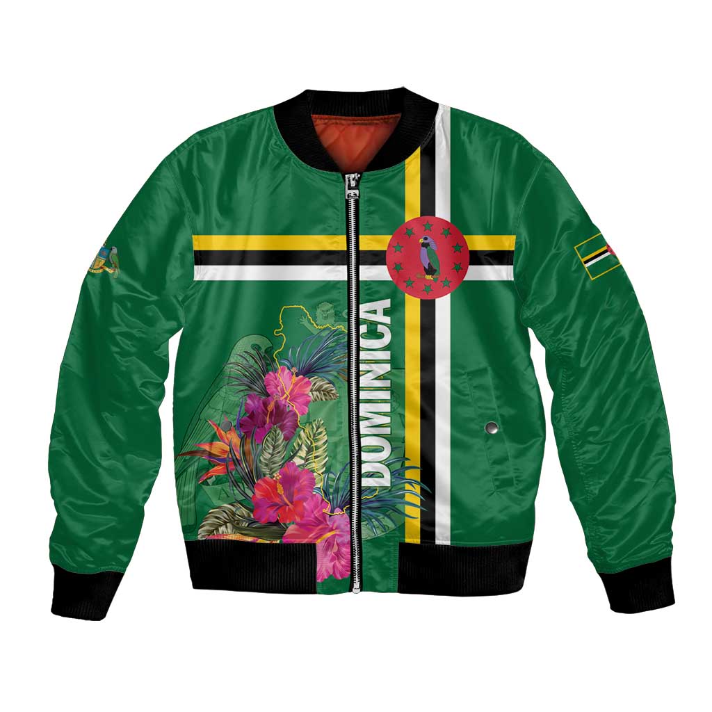 Green unisex bomber jacket with front zipper, tropical flowers, and circular emblem