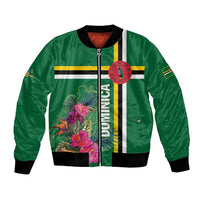 Green unisex bomber jacket with front zipper, tropical flowers, and circular emblem