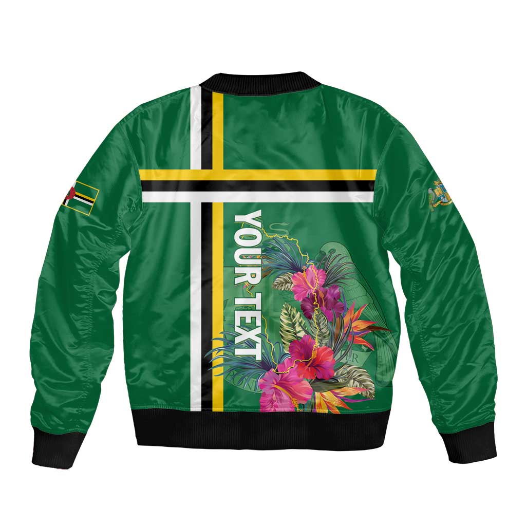 Green unisex bomber jacket with tropical flower graphic and stripe panel, ribbed cuffs