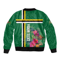 Green unisex bomber jacket with tropical flower graphic and stripe panel, ribbed cuffs