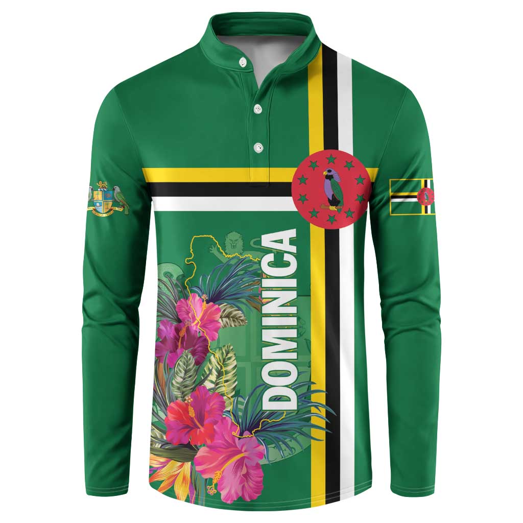 Green button henley sweatshirt with tropical floral Dominica print and striped panel
