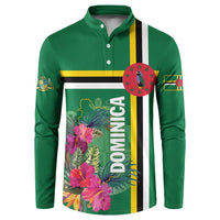 Green button henley sweatshirt with tropical floral Dominica print and striped panel
