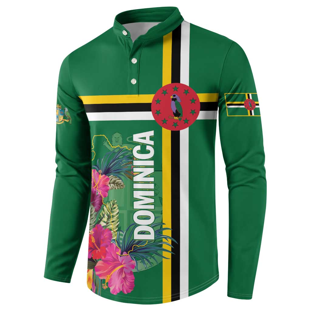 Green button henley sweatshirt, front tropical floral Dominica graphic with striped bands