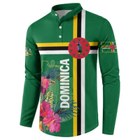 Green button henley sweatshirt, front tropical floral Dominica graphic with striped bands
