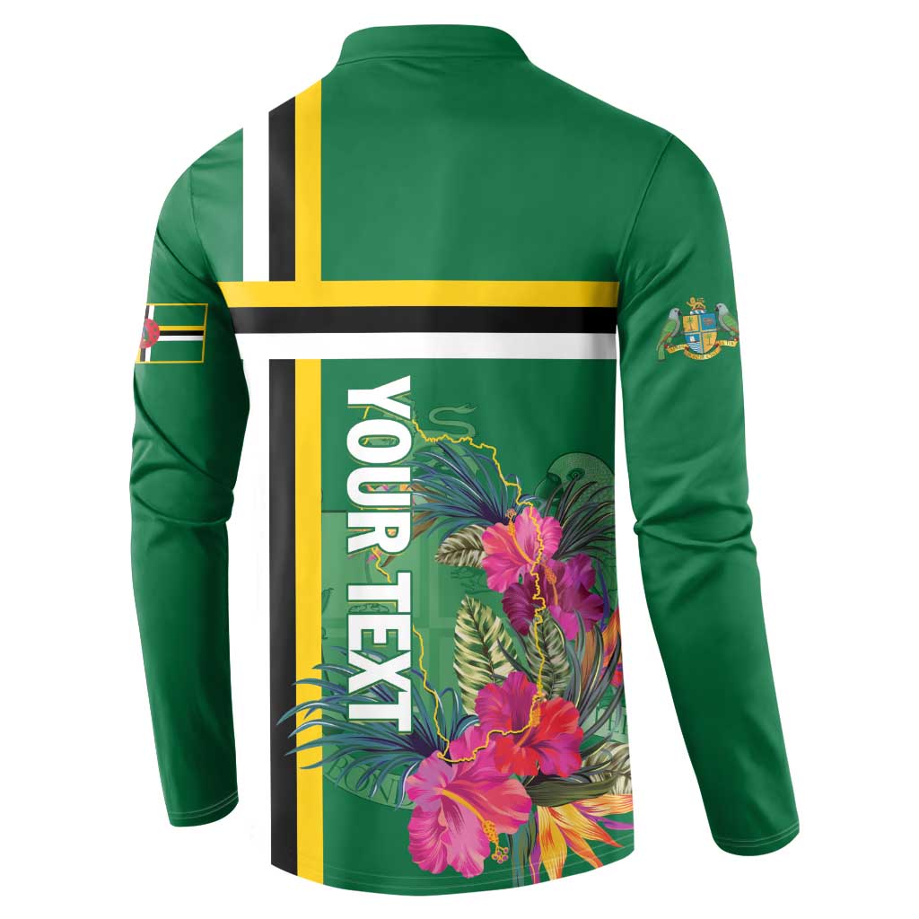 Green button henley sweatshirt, back view with DOMINICA text and tropical flower graphic