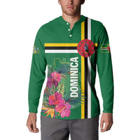 Green button henley sweatshirt with tropical floral Dominica stripe graphic