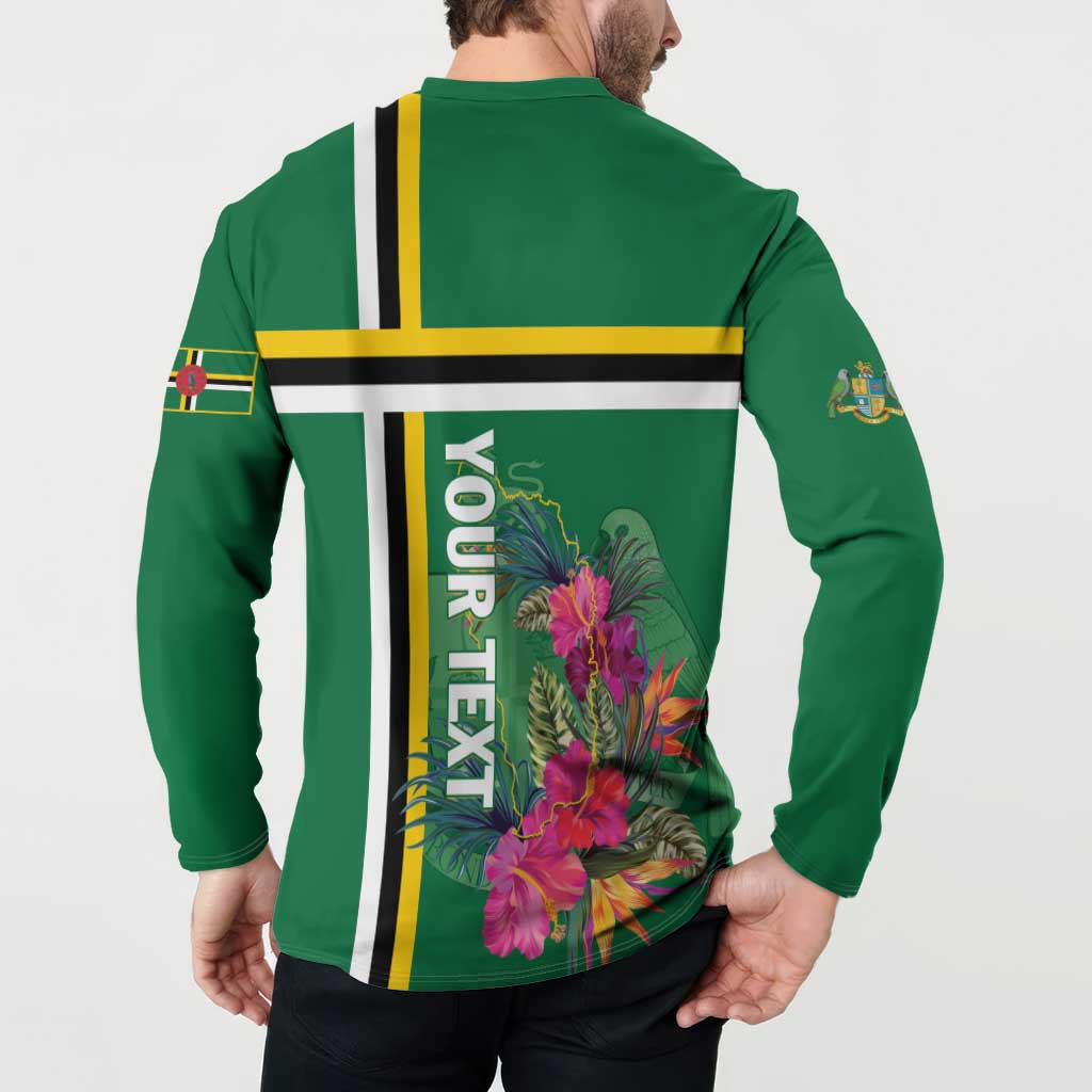 Green button henley sweatshirt back print with tropical flowers and striped DOMINICA text