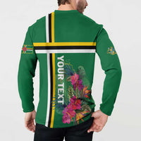 Green button henley sweatshirt back print with tropical flowers and striped DOMINICA text
