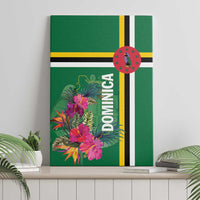 Green canvas wall art featuring tropical flowers, Dominica wordmark, and flag stripes.