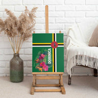 Green canvas wall art with tropical floral design, Dominica text, and flag stripe border.