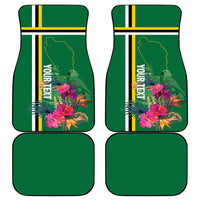 Set of green car mats with tropical flowers, border stripes, and map outline