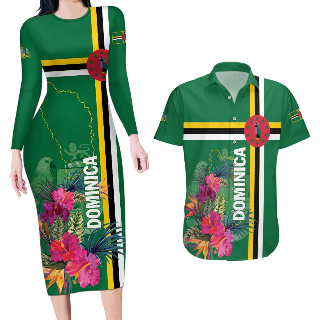 Personalized Dominica Couples Matching Long Sleeve Bodycon Dress and Hawaiian Shirt Waitukubuli Tropical Flower - Wonder Print Shop