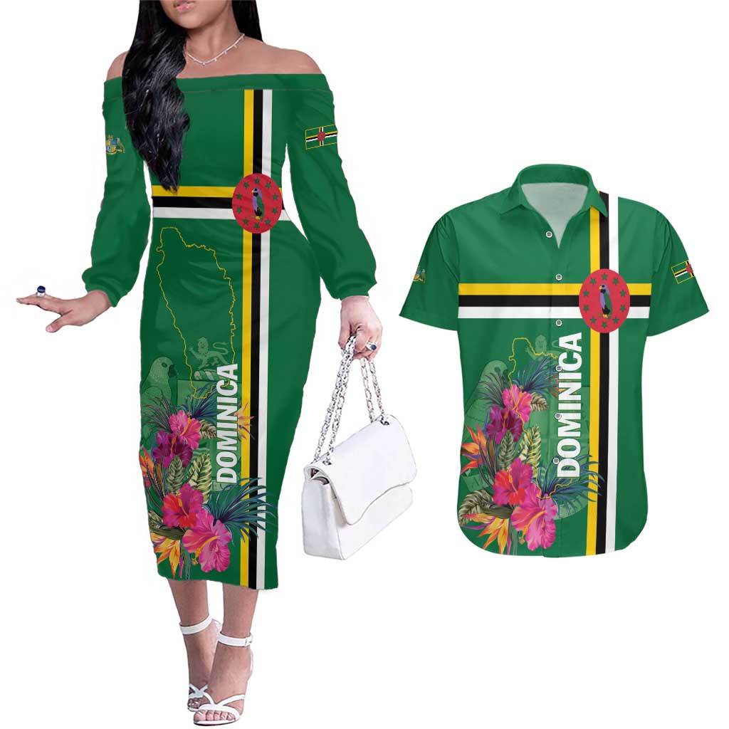 Personalized Dominica Couples Matching Off The Shoulder Long Sleeve Dress and Hawaiian Shirt Waitukubuli Tropical Flower - Wonder Print Shop