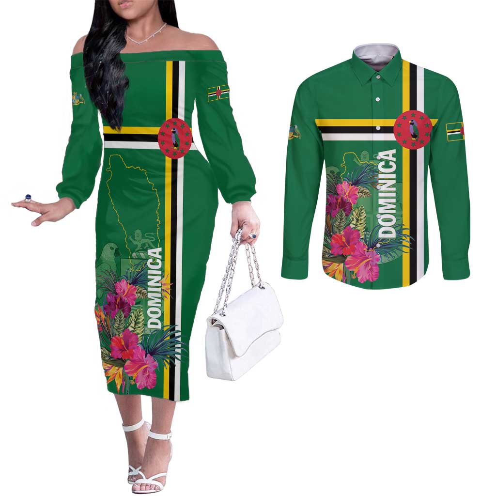 Personalized Dominica Couples Matching Off The Shoulder Long Sleeve Dress and Long Sleeve Button Shirt Waitukubuli Tropical Flower