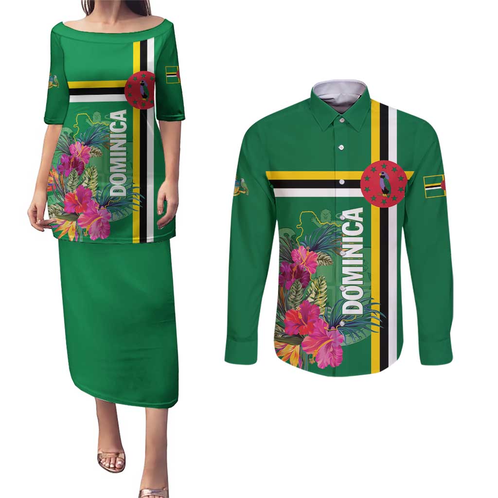 Personalized Dominica Couples Matching Puletasi and Long Sleeve Button Shirt Waitukubuli Tropical Flower - Wonder Print Shop