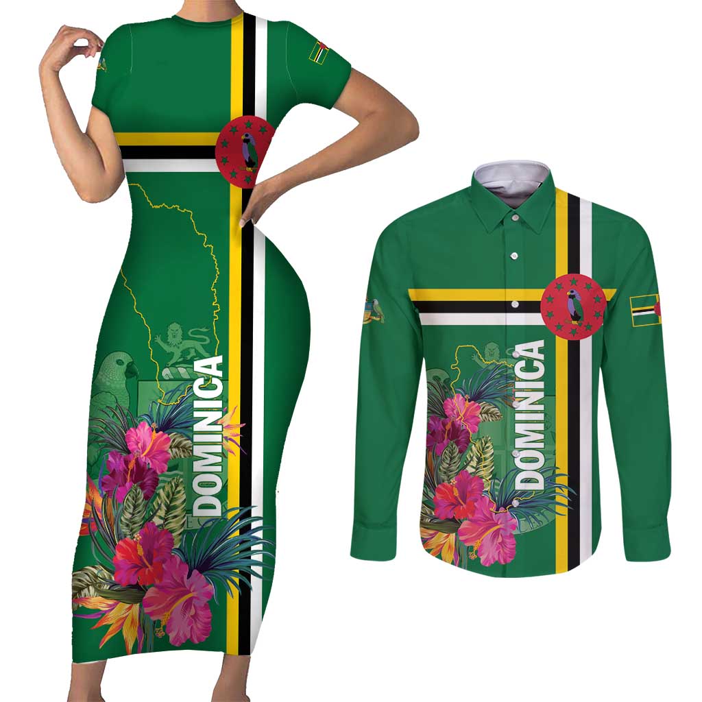 Personalized Dominica Couples Matching Short Sleeve Bodycon Dress and Long Sleeve Button Shirt Waitukubuli Tropical Flower - Wonder Print Shop