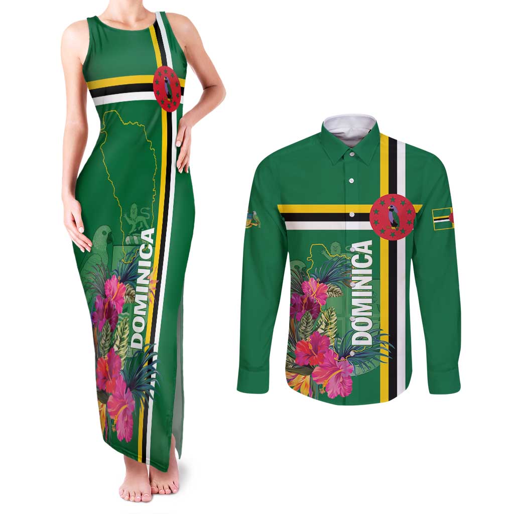 Personalized Dominica Couples Matching Tank Maxi Dress and Long Sleeve Button Shirt Waitukubuli Tropical Flower - Wonder Print Shop