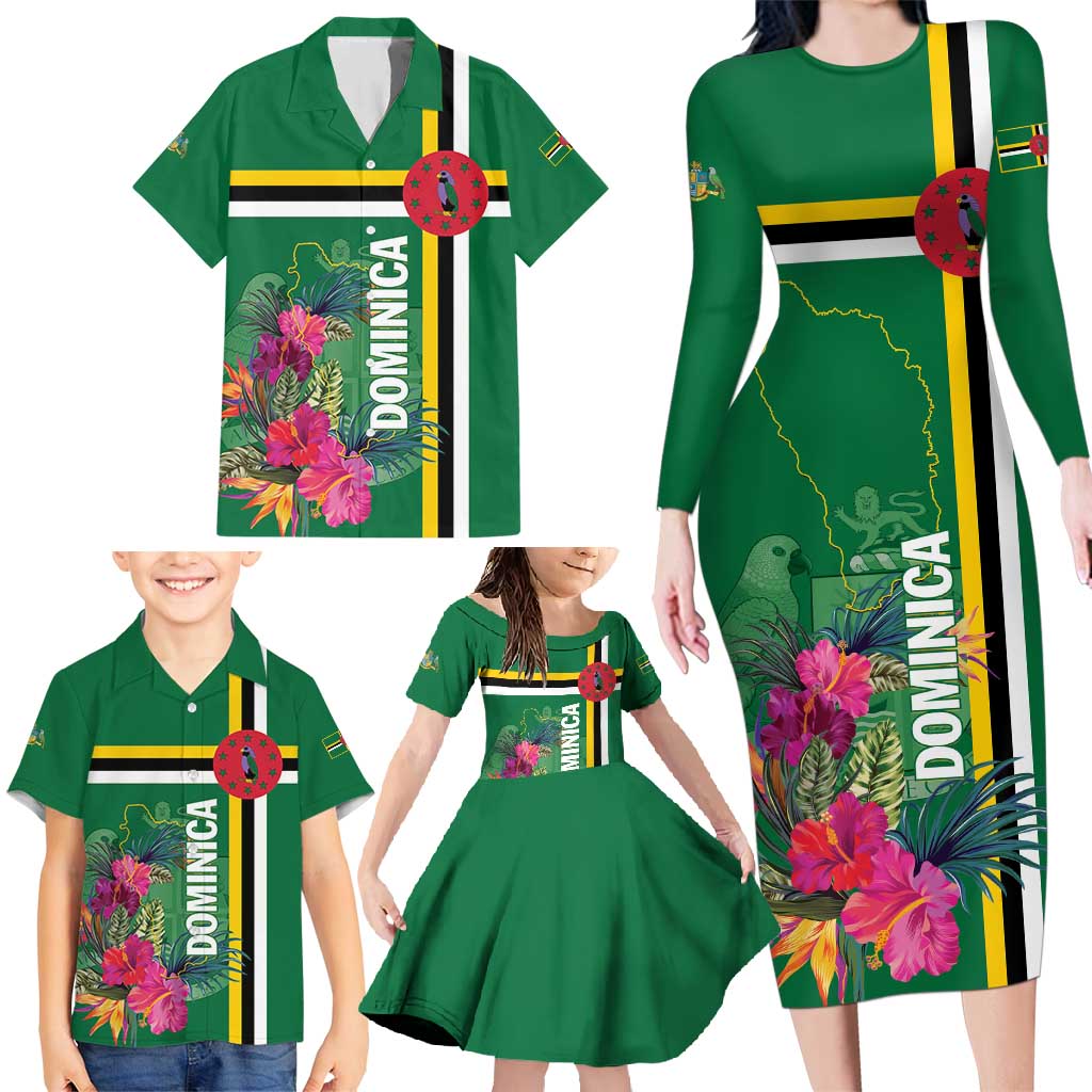 Personalized Dominica Family Matching Long Sleeve Bodycon Dress and Hawaiian Shirt Waitukubuli Tropical Flower - Wonder Print Shop