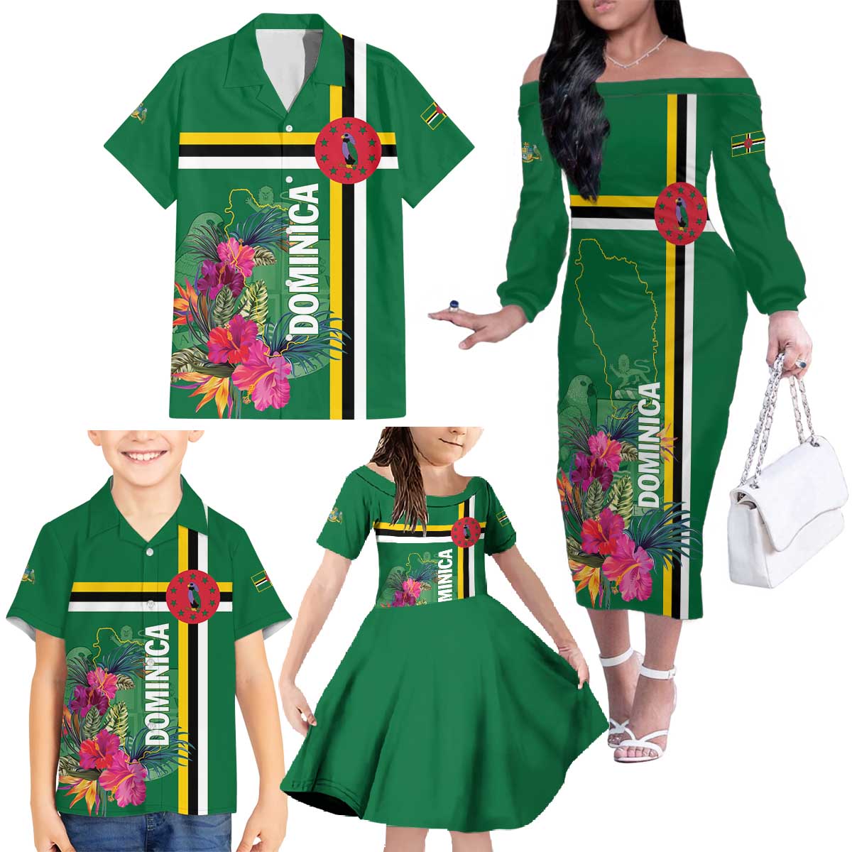 Personalized Dominica Family Matching Off The Shoulder Long Sleeve Dress and Hawaiian Shirt Waitukubuli Tropical Flower - Wonder Print Shop