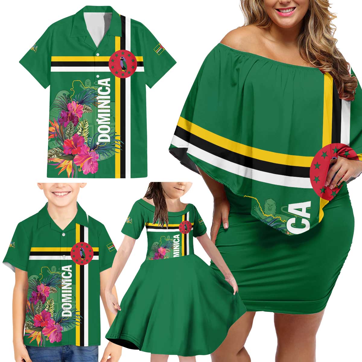 Personalized Dominica Family Matching Off Shoulder Short Dress and Hawaiian Shirt Waitukubuli Tropical Flower - Wonder Print Shop