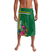 Green knee-length sarong skirt with floral tropical print and elastic waistband