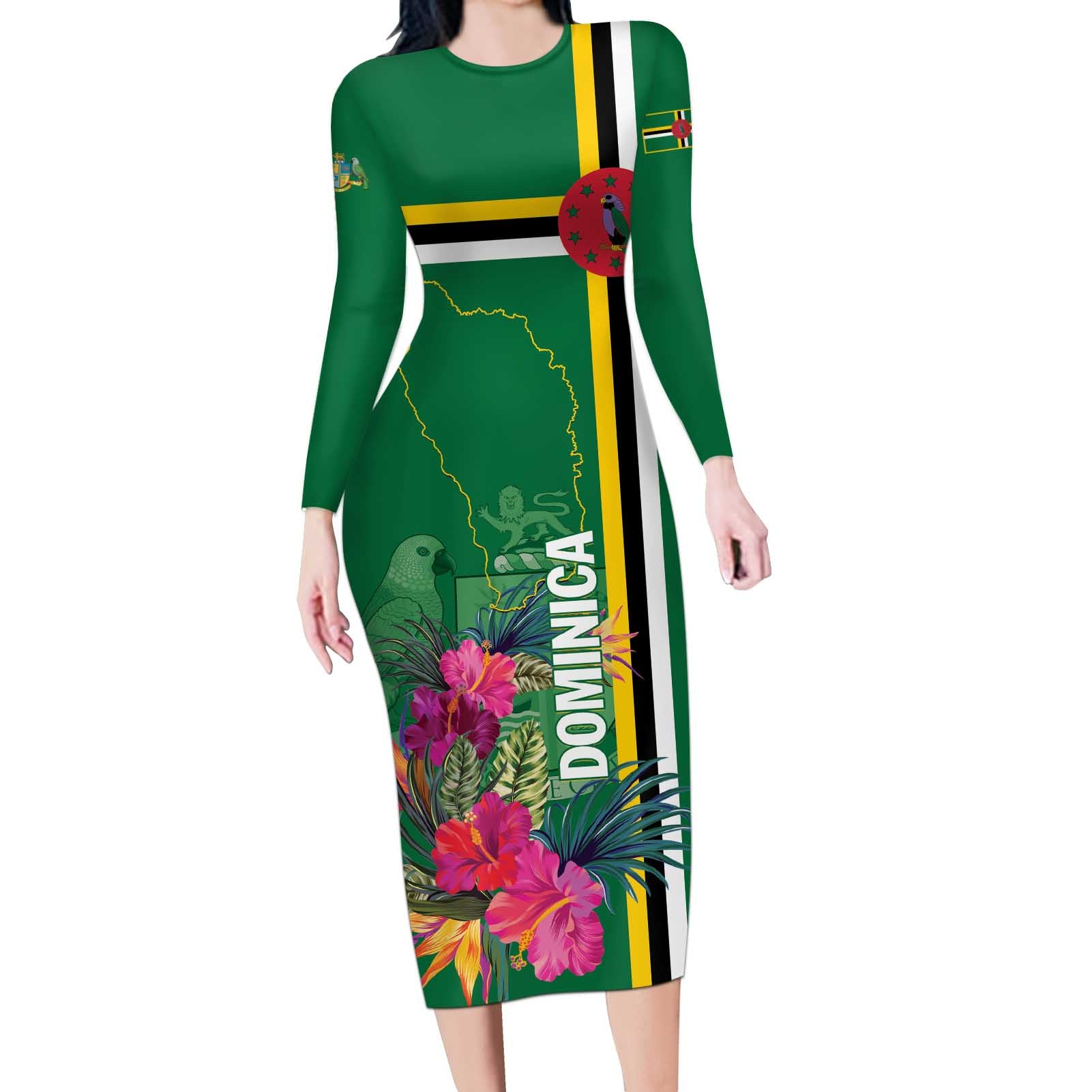 Personalized Dominica Long Sleeve Bodycon Dress Waitukubuli Tropical Flower - Wonder Print Shop