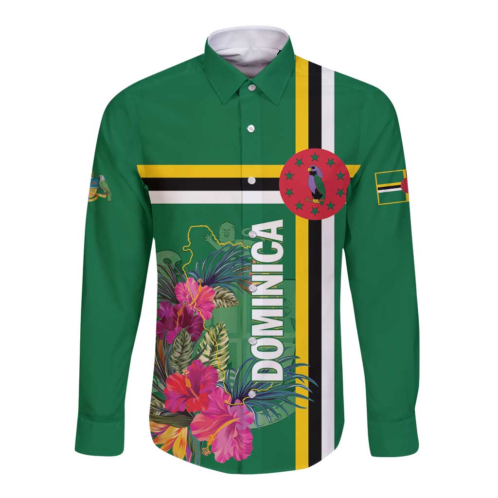 Green long-sleeve button shirt with tropical flower graphic and Dominican-style flag stripes