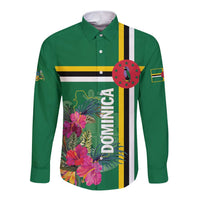 Green long-sleeve button shirt with tropical flower graphic and Dominican-style flag stripes