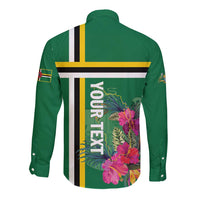 Green long-sleeve button shirt with large back tropical flower print and flag stripes